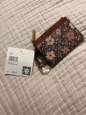 Anne Klein Brown Floral Top Zip Card Case with Keyring
